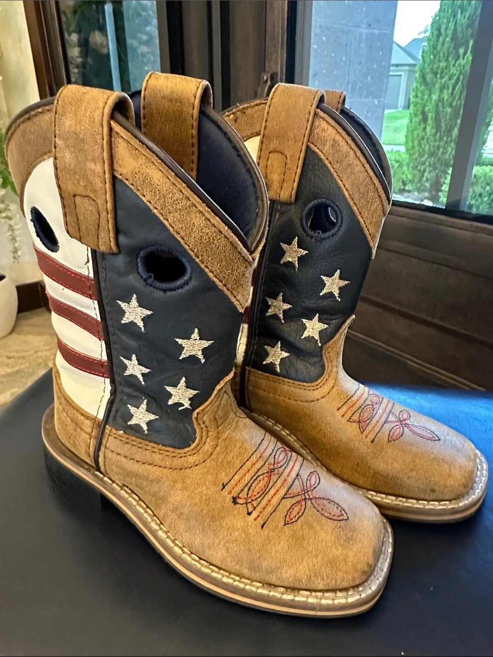 Kids American Flag Cowboy Boots - Tan & Navy